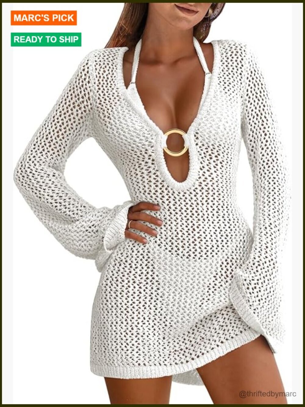 Crochet Knit Cover Up Dress Long Sleeve V-Neck Beach Swimsuit Mesh Hollow Out